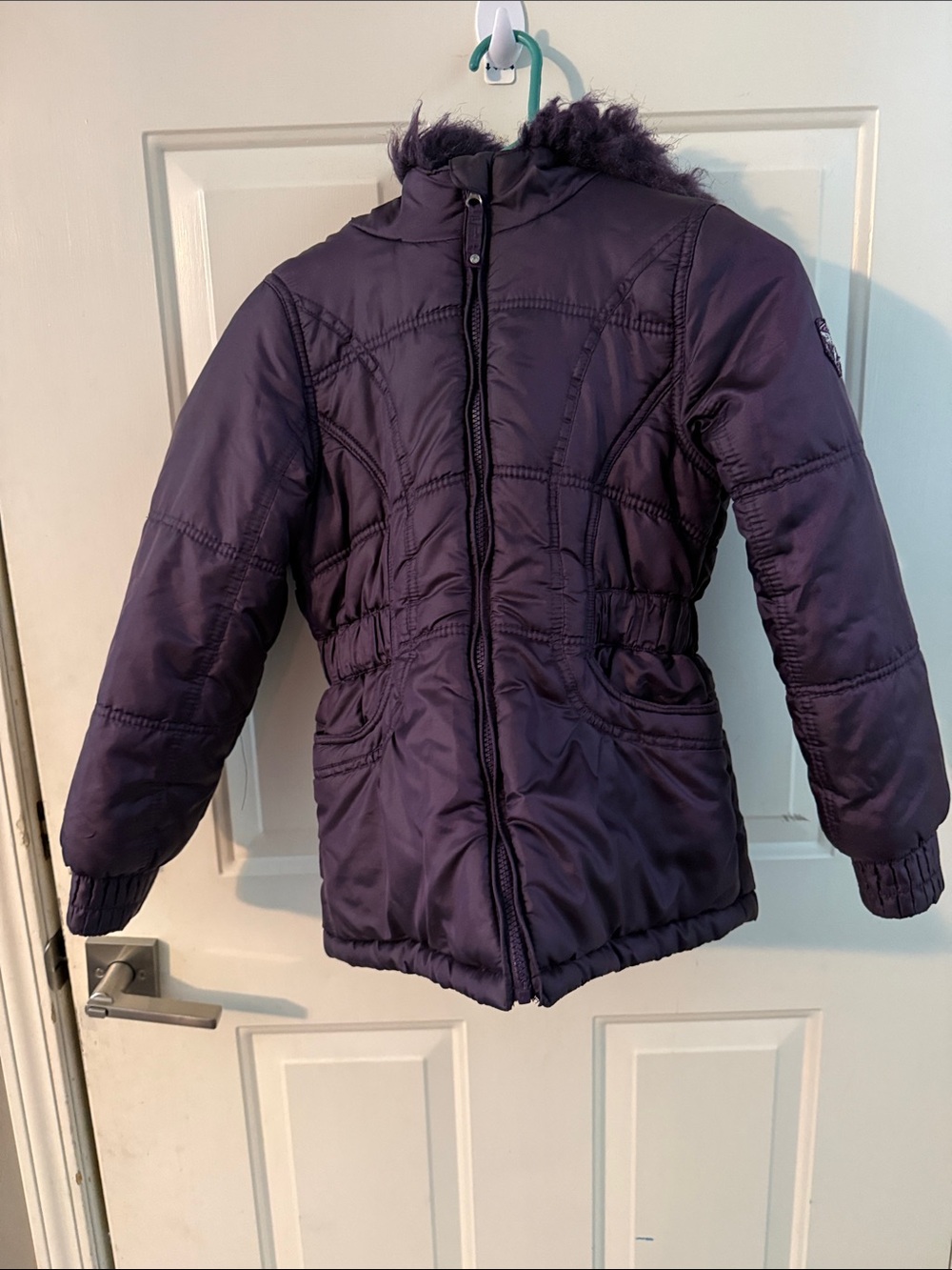 Girls' Purple Puffer Coat with Faux Fur Trim